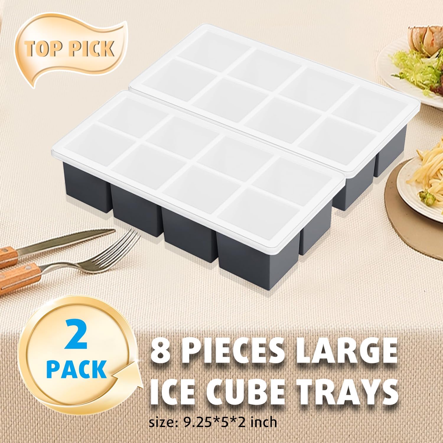 2-Pack Large Ice Cube Trays for Whiskey, Stackable & Easy-Release Silicone Square 2-inch Ice Cube Maker Mold V1258-DP02-B-165