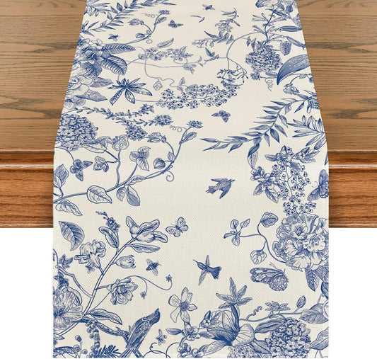Monochrome Sketch Birds and Flowers Spring Table Runner, Seasonal Summer Fall Kitchen Dining Table Decoration V1258-DP02-B-1650