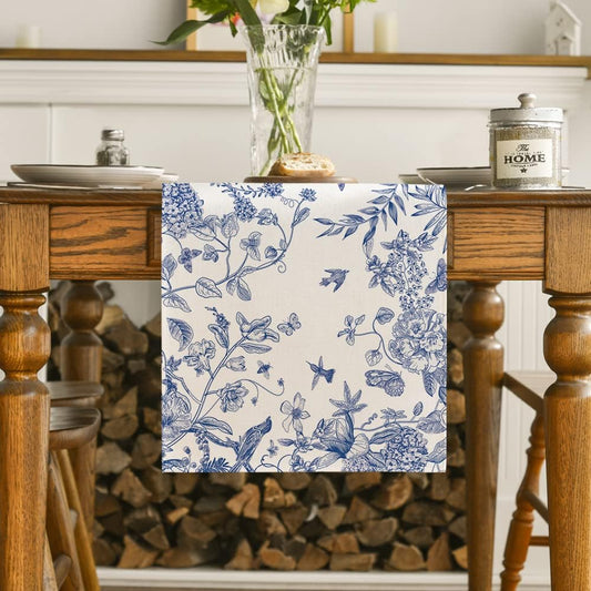 Monochrome Sketch Birds and Flowers Spring Table Runner, Seasonal Summer Fall Kitchen Dining Table Decoration V1258-DP02-B-1650