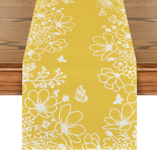Yellow Bloom Flowers Butterfly Spring Table Runner, Seasonal Holiday Kitchen Dining Table Decoration for Home V1258-DP02-B-1651