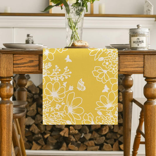 Yellow Bloom Flowers Butterfly Spring Table Runner, Seasonal Holiday Kitchen Dining Table Decoration for Home V1258-DP02-B-1651
