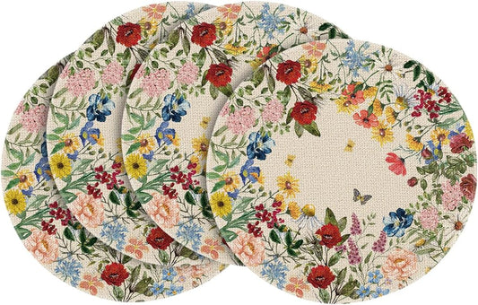 Vintage Floral Spring Round Placemats Set of 4, 14 Inch Seasonal Holiday Round Table Mats for Party Kitchen V1258-DP02-B-1653