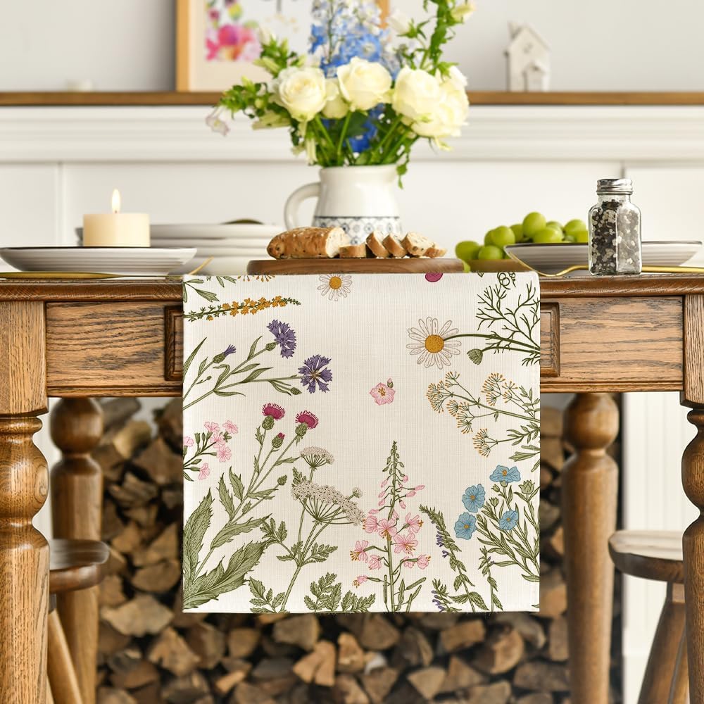 Flowers Spring Table Runner, Seasonal Kitchen Dining Table Decoration for Home Party Decor 13x72 Inch V1258-DP02-B-1654