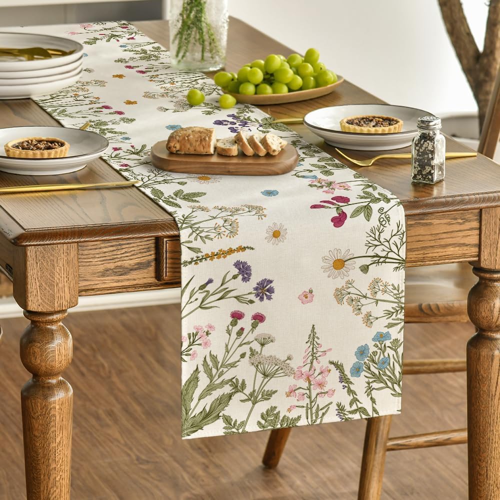 Flowers Spring Table Runner, Seasonal Kitchen Dining Table Decoration for Home Party Decor 13x72 Inch V1258-DP02-B-1654