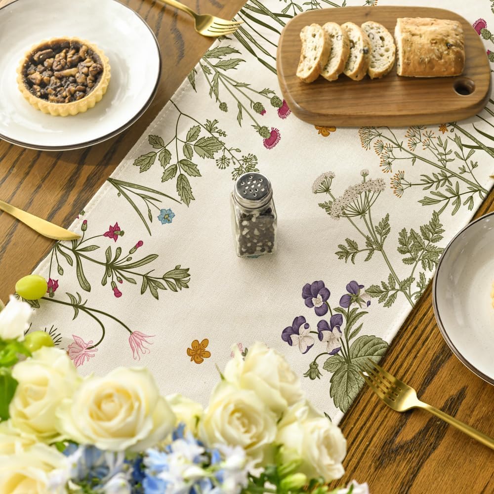 Flowers Spring Table Runner, Seasonal Kitchen Dining Table Decoration for Home Party Decor 13x72 Inch V1258-DP02-B-1654