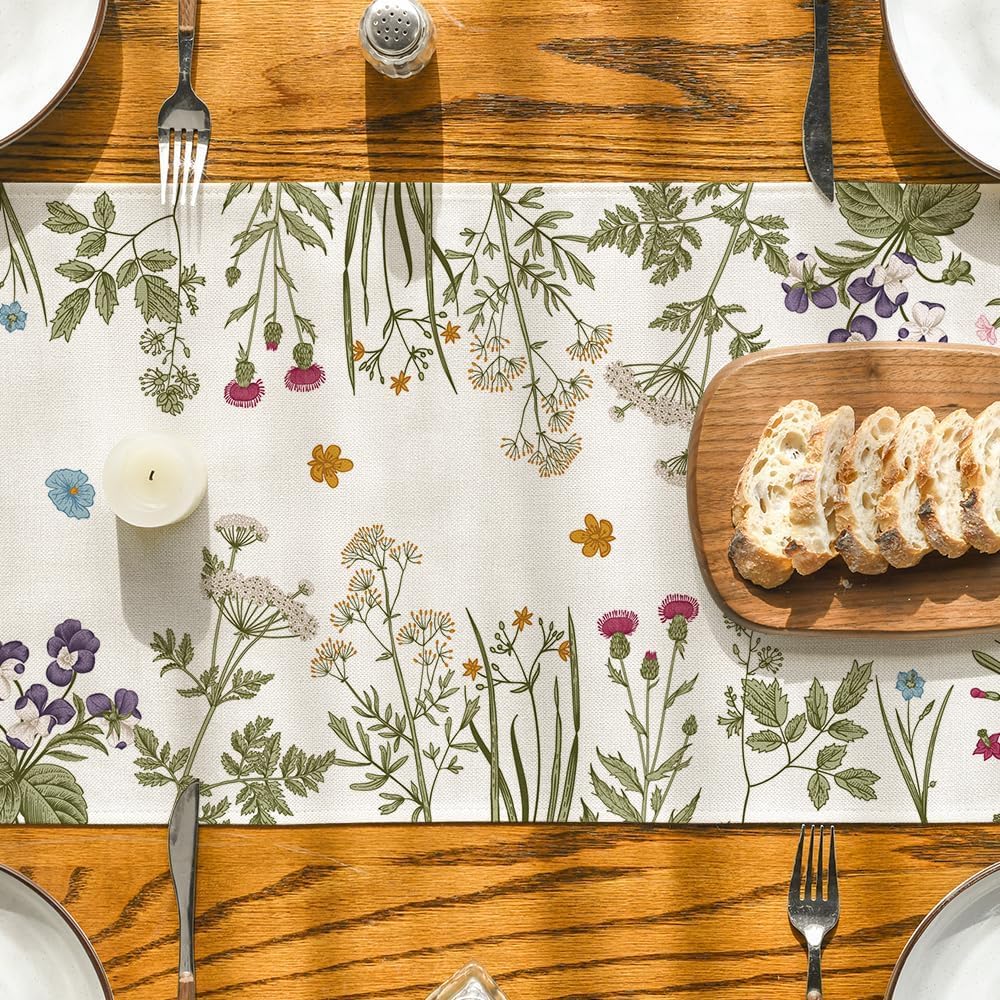 Flowers Spring Table Runner, Seasonal Kitchen Dining Table Decoration for Home Party Decor 13x72 Inch V1258-DP02-B-1654