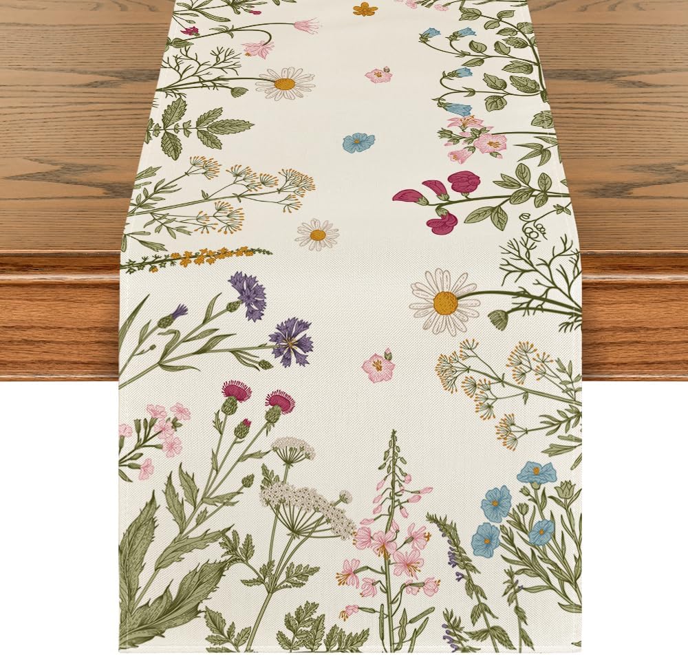 Flowers Spring Table Runner, Seasonal Kitchen Dining Table Decoration for Home Party Decor 13x72 Inch V1258-DP02-B-1654