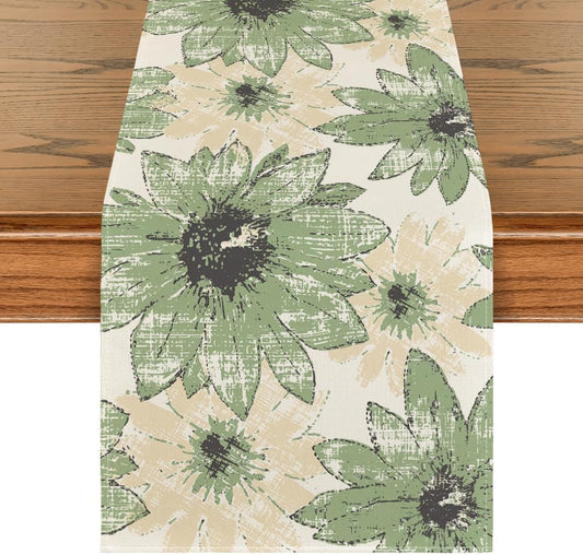 Green Retro Daisy Spring Table Runner, Seasonal Vintage Kitchen Dining Table Decoration for Home Party Decor V1258-DP02-B-1655