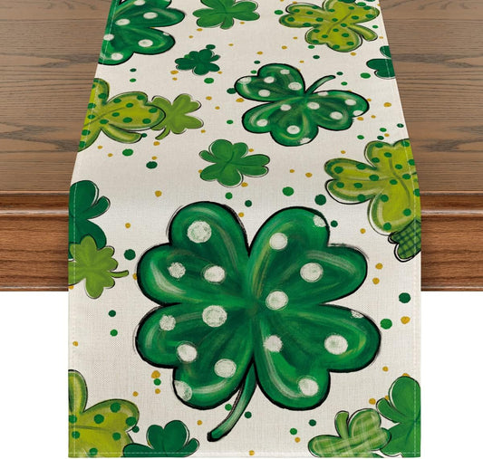 Watercolor Shamrock St. Patrick's Day Table Runner, Seasonal Spring Holiday Kitchen Dining Table Decoration V1258-DP02-B-1656