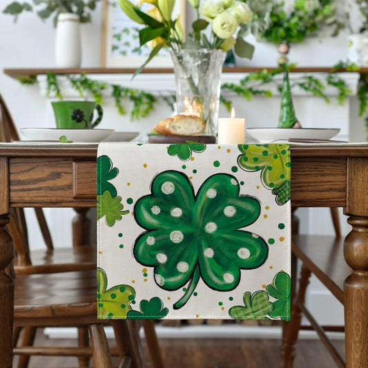 Watercolor Shamrock St. Patrick's Day Table Runner, Seasonal Spring Holiday Kitchen Dining Table Decoration V1258-DP02-B-1656