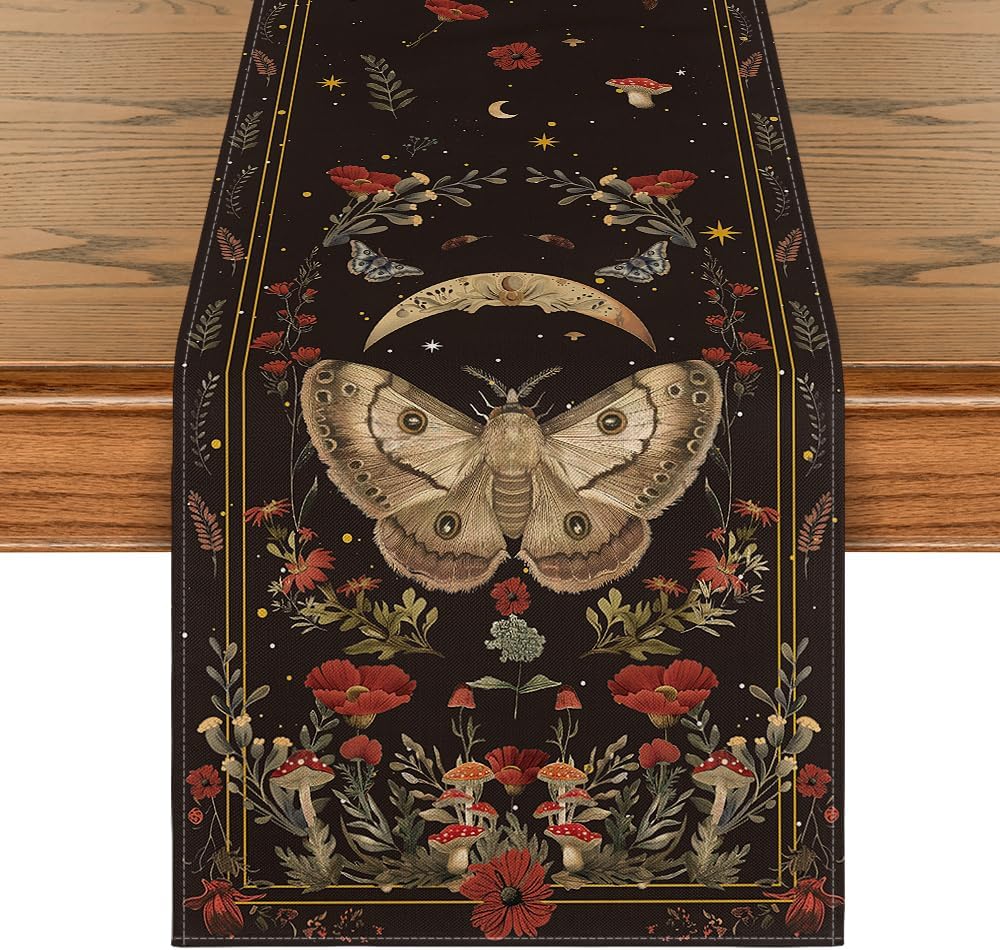 Poppy Moth Mushroom Moon Fall Table Runner, Seasonal Autumn Kitchen Dining Table Decoration for Home Party V1258-DP02-B-1657