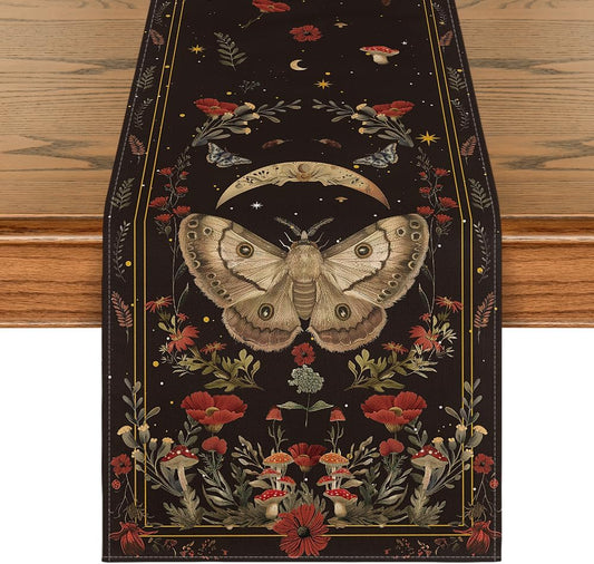 Poppy Moth Mushroom Moon Fall Table Runner, Seasonal Autumn Kitchen Dining Table Decoration for Home Party V1258-DP02-B-1657