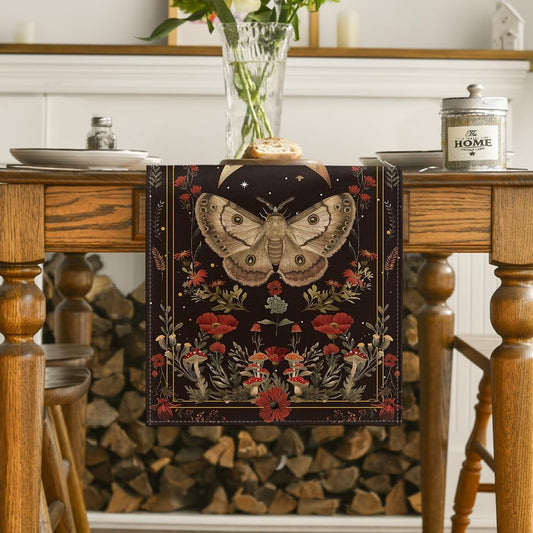 Poppy Moth Mushroom Moon Fall Table Runner, Seasonal Autumn Kitchen Dining Table Decoration for Home Party V1258-DP02-B-1657