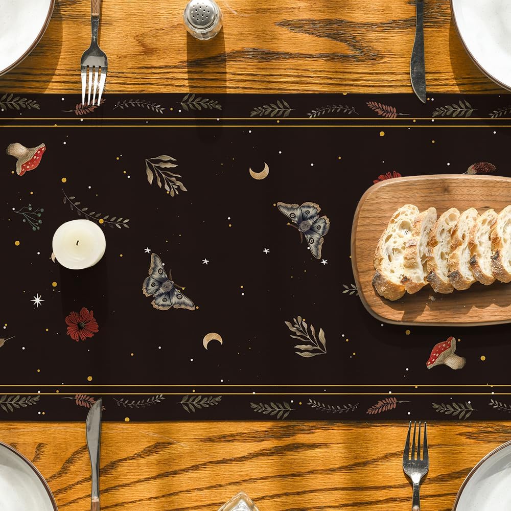 Poppy Moth Mushroom Moon Fall Table Runner, Seasonal Autumn Kitchen Dining Table Decoration for Home Party V1258-DP02-B-1657