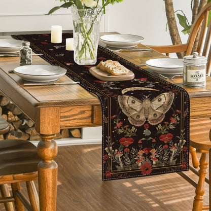 Poppy Moth Mushroom Moon Fall Table Runner, Seasonal Autumn Kitchen Dining Table Decoration for Home Party V1258-DP02-B-1657