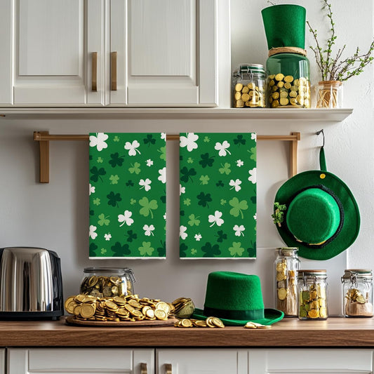 Green Clover Shamrock St. Patrick's Day Kitchen Towels Dish Towels, 18x26 Inch Farmhouse Holiday Spring V1258-DP02-B-1658