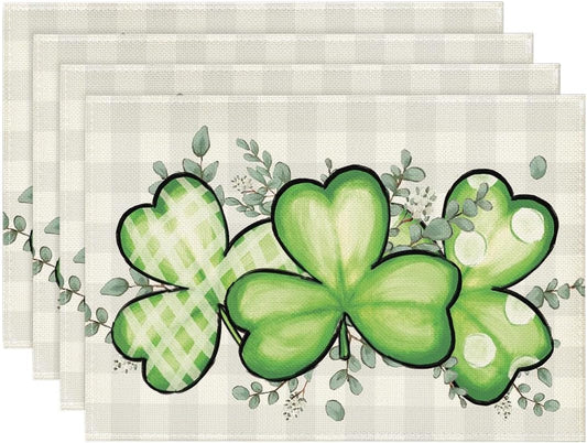 Bufflao Plaid Shamrock St. Patrick's Day Placemats Set of 4, 12x18 Inch Seasonal Spring Table Mats for Party V1258-DP02-B-1659