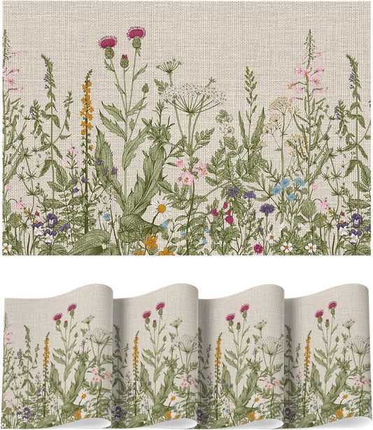 Wildflower Vinyl Placemats Set of 4, Washable Non-Slip Plastic PVC Table Mats for Spring Party Kitchen Dining V1258-DP02-B-1662