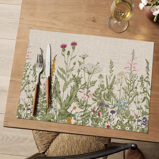 Wildflower Vinyl Placemats Set of 4, Washable Non-Slip Plastic PVC Table Mats for Spring Party Kitchen Dining V1258-DP02-B-1662
