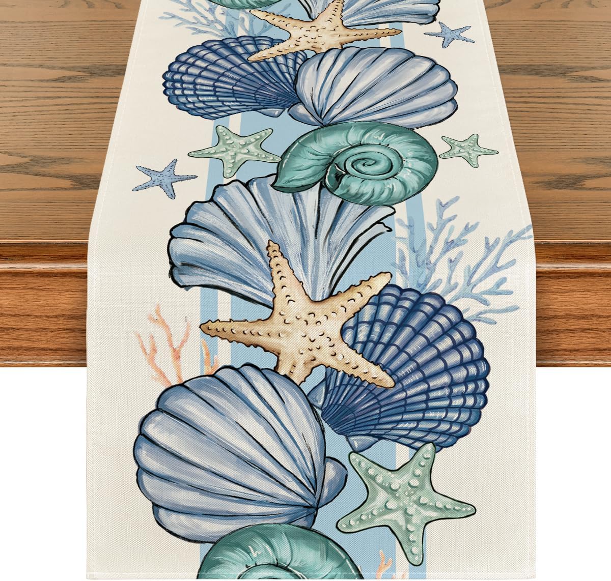 Sea Shell Starfish Summer Table Runner,Spring Ocean Kitchen Dining Table Decoration for Home Party Decor V1258-DP02-B-1663