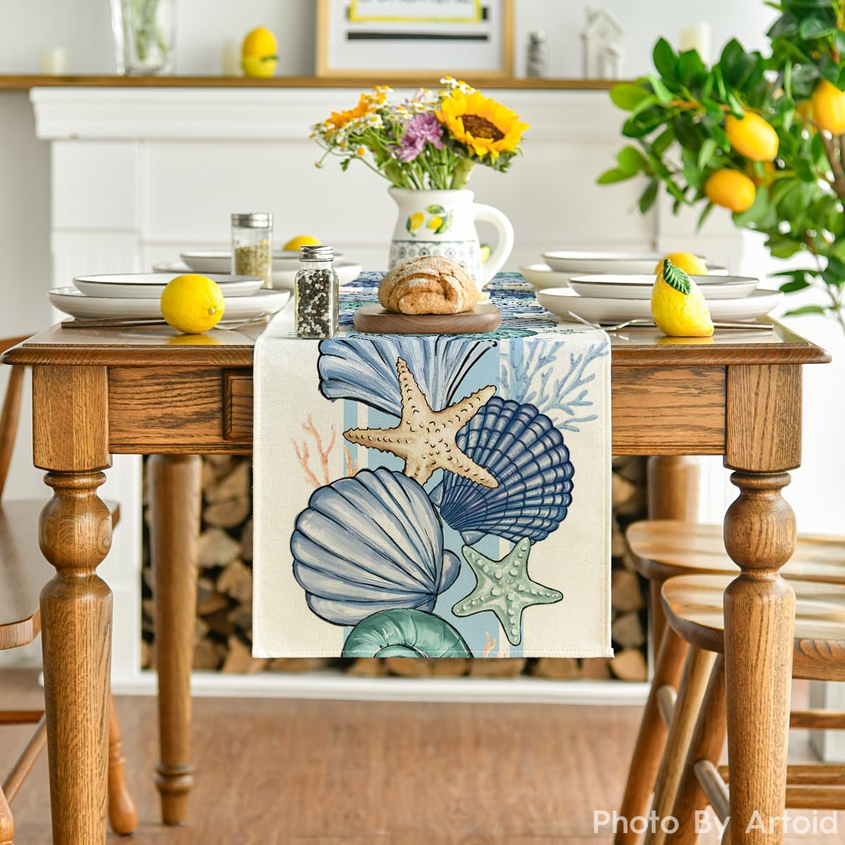 Sea Shell Starfish Summer Table Runner,Spring Ocean Kitchen Dining Table Decoration for Home Party Decor V1258-DP02-B-1663