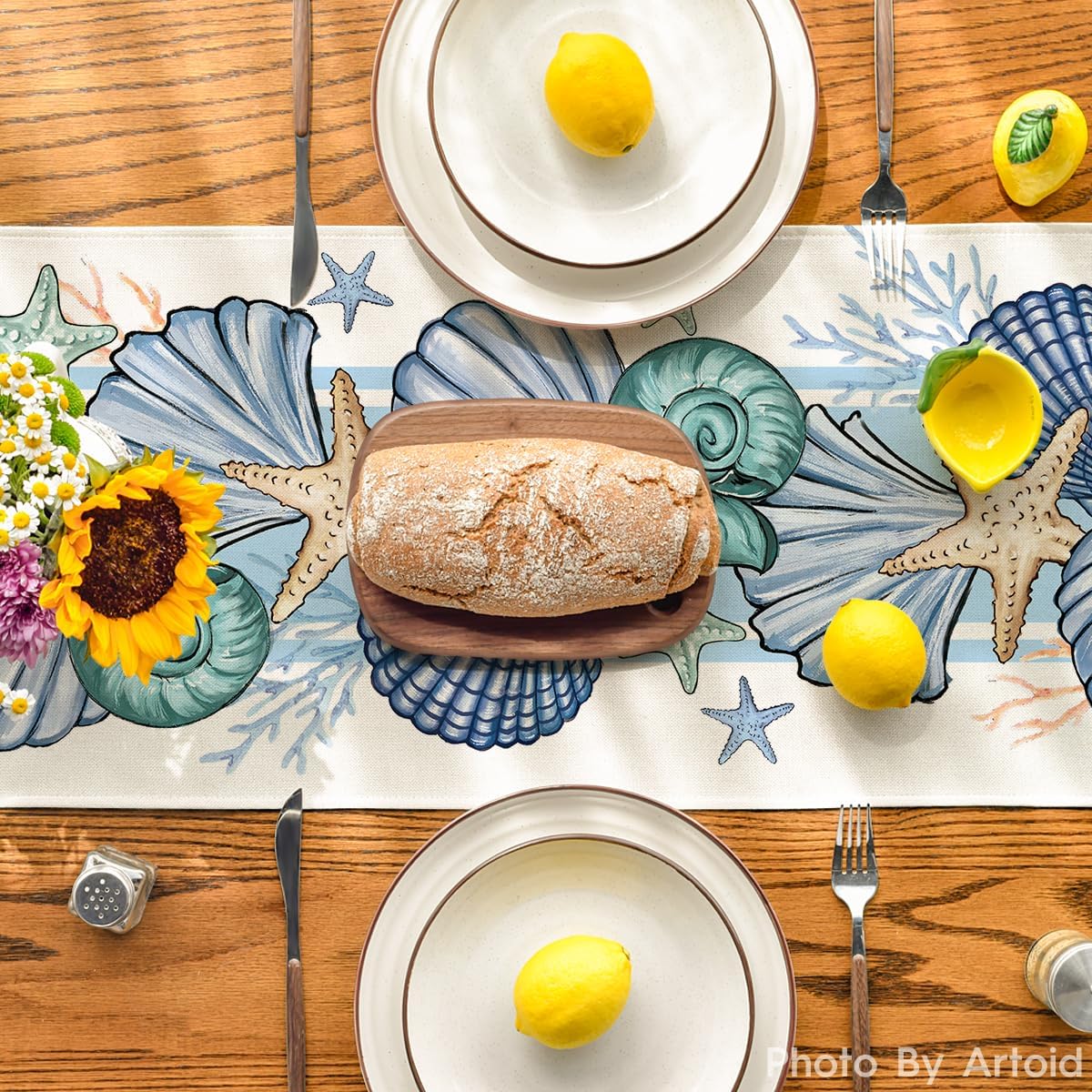 Sea Shell Starfish Summer Table Runner,Spring Ocean Kitchen Dining Table Decoration for Home Party Decor V1258-DP02-B-1663