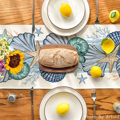 Sea Shell Starfish Summer Table Runner,Spring Ocean Kitchen Dining Table Decoration for Home Party Decor V1258-DP02-B-1663