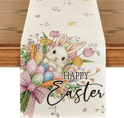 Bow Bunny Eggs Happy Easter Table Runner,Seasonal Spring Flowers Carrots Kitchen Dining Table Decoration for V1258-DP02-B-1664