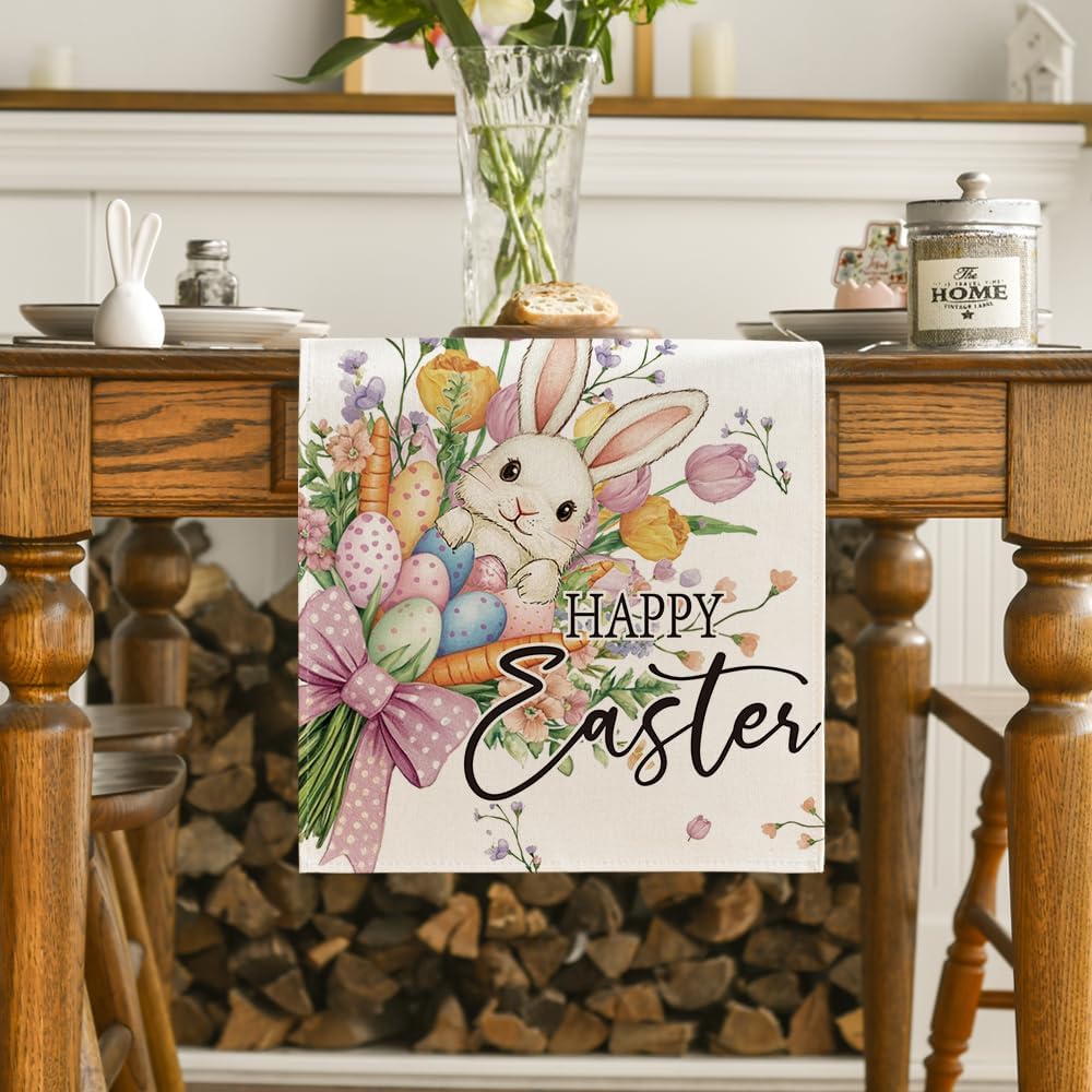 Bow Bunny Eggs Happy Easter Table Runner,Seasonal Spring Flowers Carrots Kitchen Dining Table Decoration for V1258-DP02-B-1664