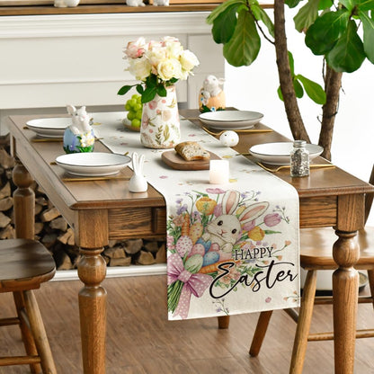 Bow Bunny Eggs Happy Easter Table Runner,Seasonal Spring Flowers Carrots Kitchen Dining Table Decoration for V1258-DP02-B-1664