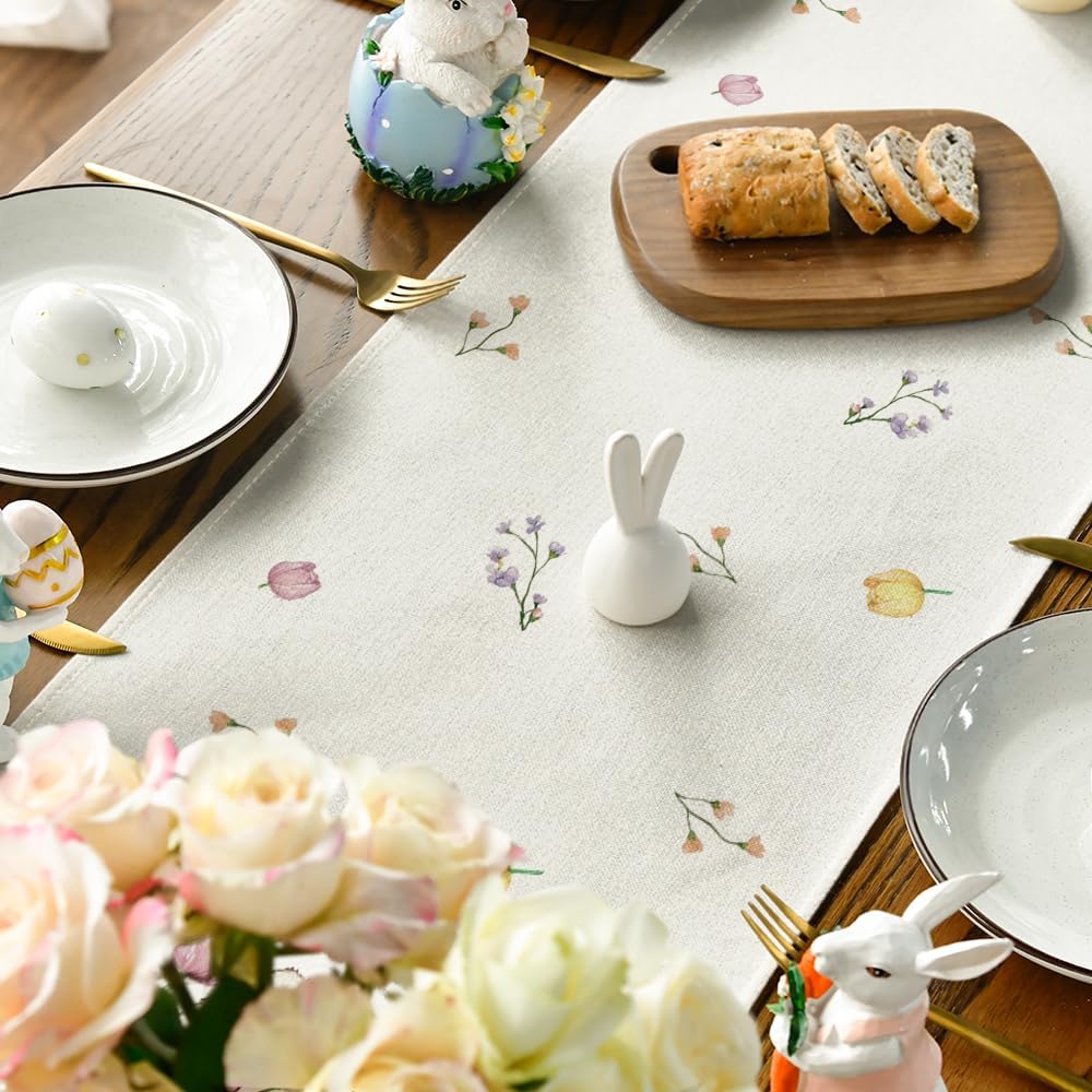 Bow Bunny Eggs Happy Easter Table Runner,Seasonal Spring Flowers Carrots Kitchen Dining Table Decoration for V1258-DP02-B-1664