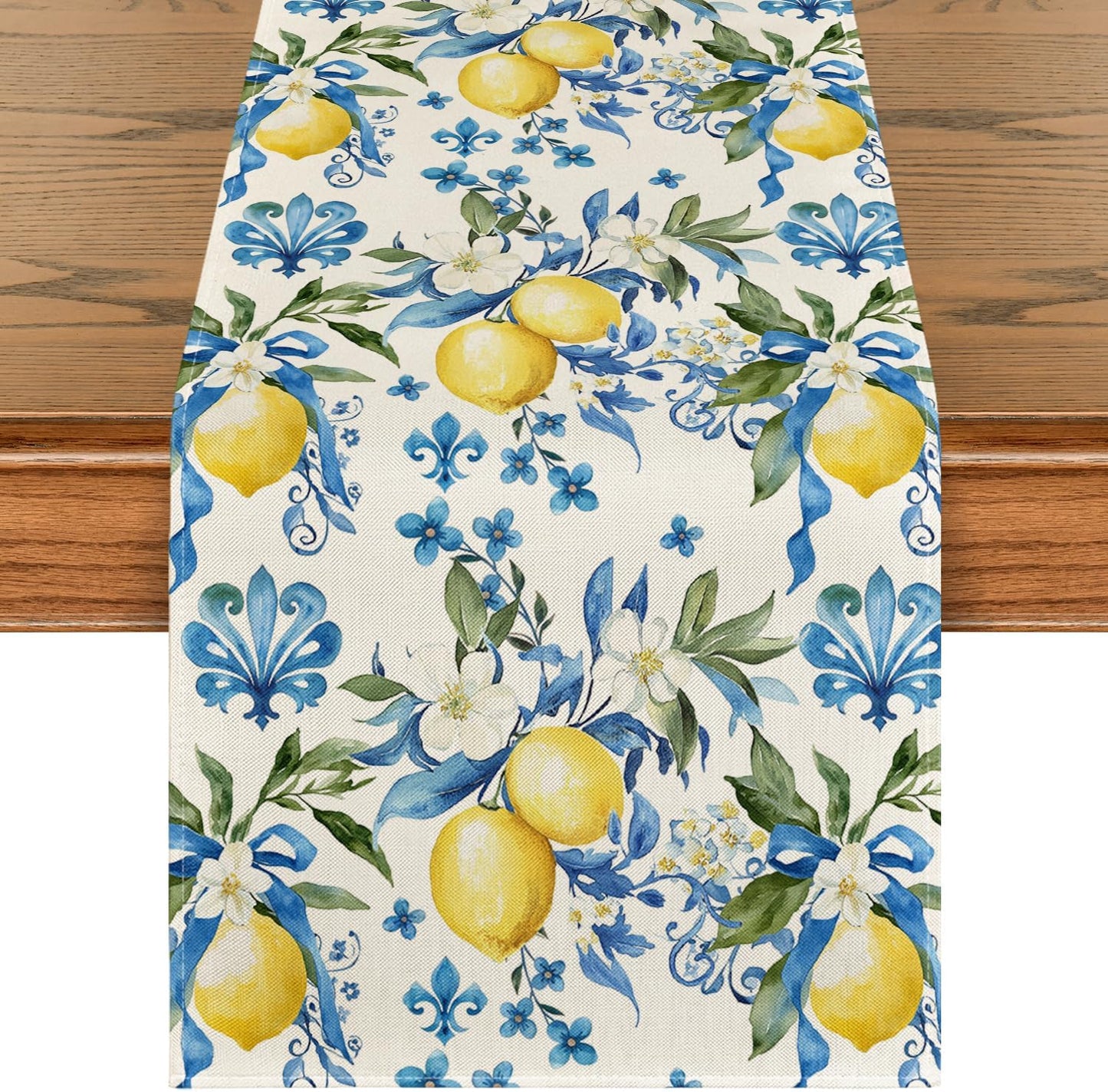 Blue Lemon Iris Summer Table Runner, Seasonal Spring Kitchen Dining Table Decor for Home Party Decor 13x72 V1258-DP02-B-1665