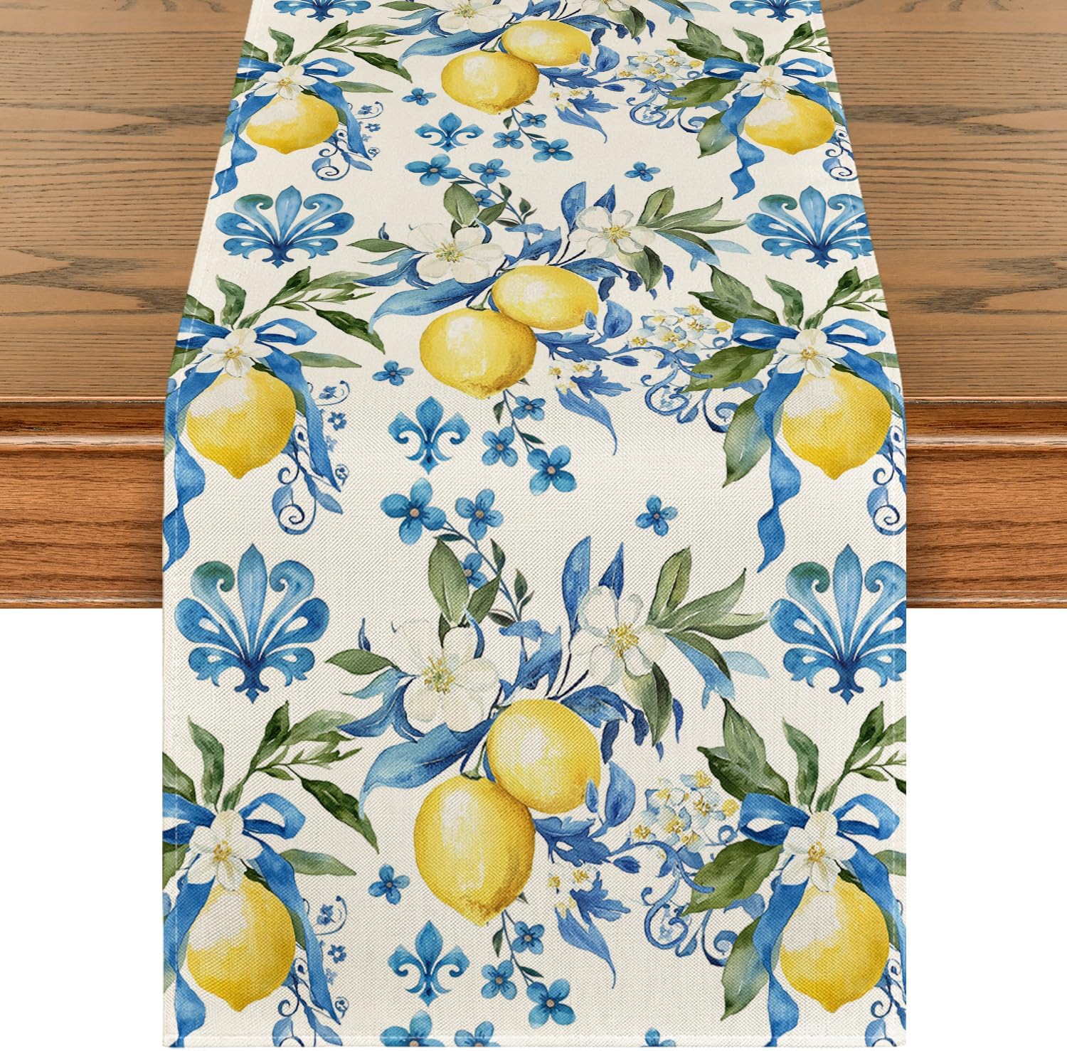 Blue Lemon Iris Summer Table Runner, Seasonal Spring Kitchen Dining Table Decor for Home Party Decor 13x72 V1258-DP02-B-1665