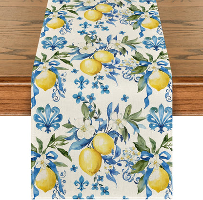 Blue Lemon Iris Summer Table Runner, Seasonal Spring Kitchen Dining Table Decor for Home Party Decor 13x72 V1258-DP02-B-1665