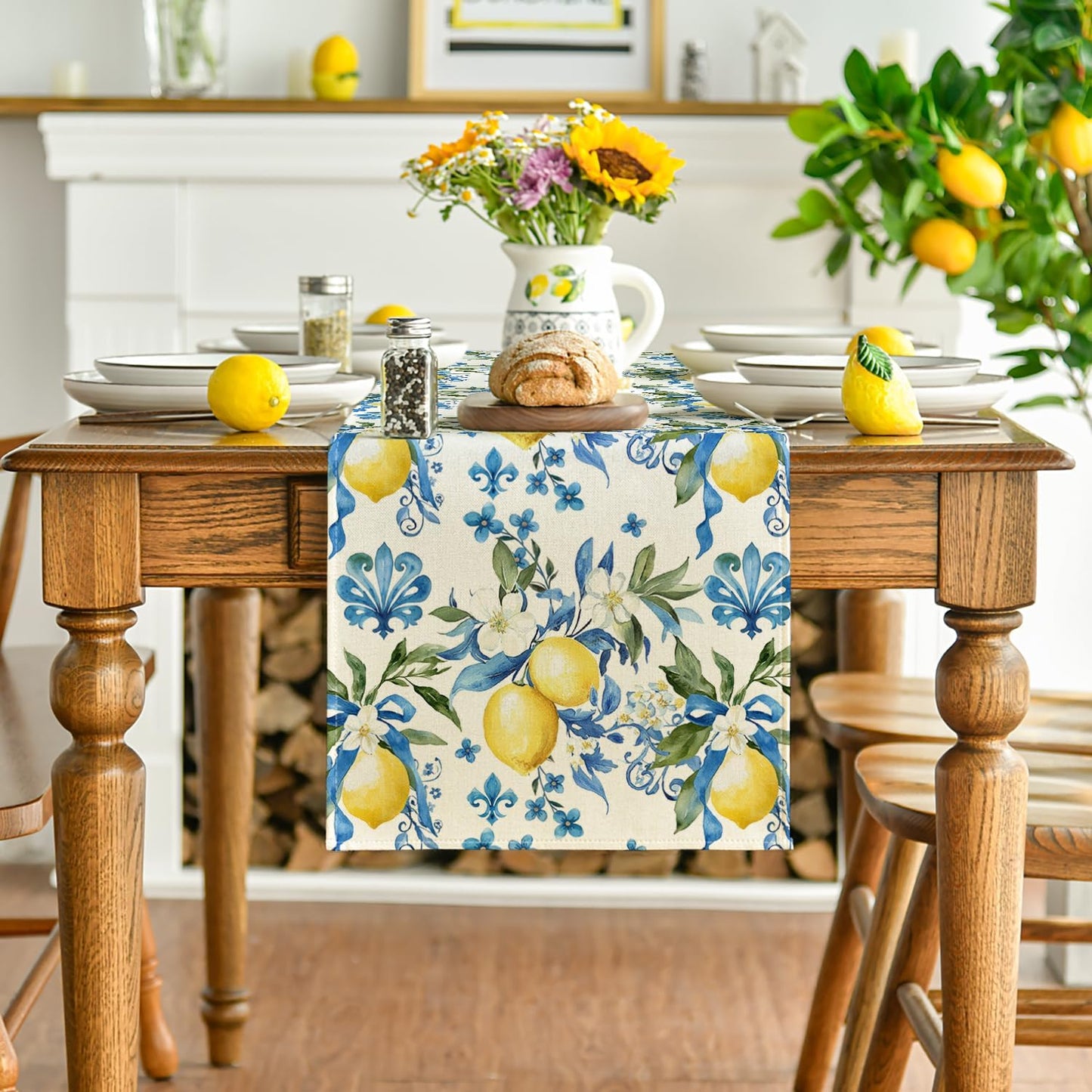 Blue Lemon Iris Summer Table Runner, Seasonal Spring Kitchen Dining Table Decor for Home Party Decor 13x72 V1258-DP02-B-1665