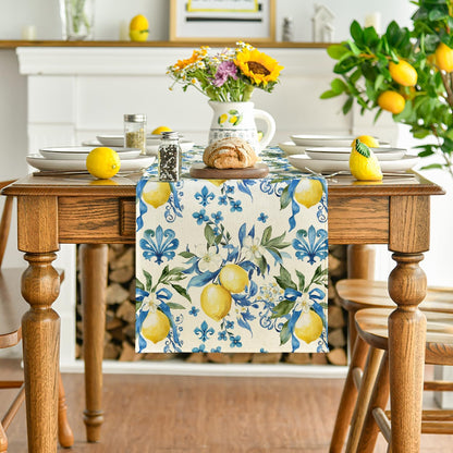 Blue Lemon Iris Summer Table Runner, Seasonal Spring Kitchen Dining Table Decor for Home Party Decor 13x72 V1258-DP02-B-1665