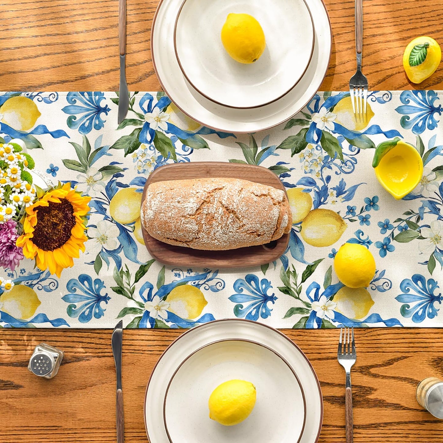 Blue Lemon Iris Summer Table Runner, Seasonal Spring Kitchen Dining Table Decor for Home Party Decor 13x72 V1258-DP02-B-1665
