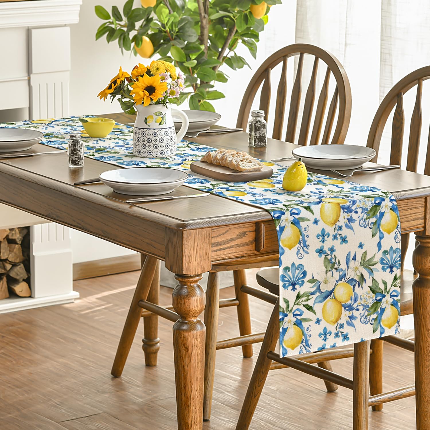 Blue Lemon Iris Summer Table Runner, Seasonal Spring Kitchen Dining Table Decor for Home Party Decor 13x72 V1258-DP02-B-1665