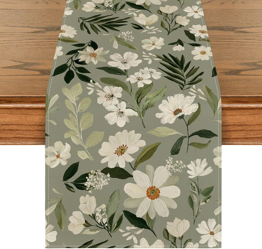 Olive Green Daisy Flowers 210 GSM Spring Table Runner, Seasonal Summer Kitchen Dining Table Decoration for V1258-DP02-B-1668