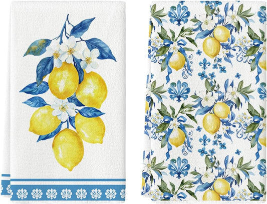 Lemon Flowers Floral Summer Kitchen Towels Dish Towels, 18x26 Inch Seasonal Decoration Hand Towels Set of 2 V1258-DP02-B-1671