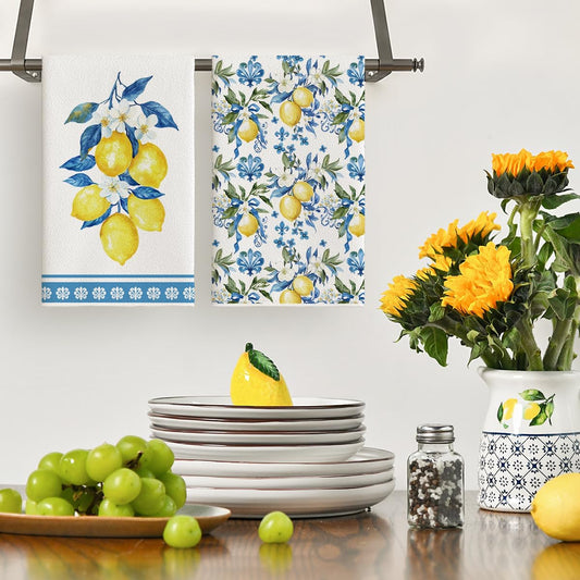 Lemon Flowers Floral Summer Kitchen Towels Dish Towels, 18x26 Inch Seasonal Decoration Hand Towels Set of 2 V1258-DP02-B-1671