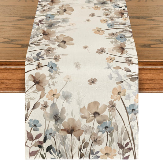 Brown Poppy Flowers Floral Blossom Summer Table Runner, Fall Kitchen Dining Table Decoration for Home Party V1258-DP02-B-1672