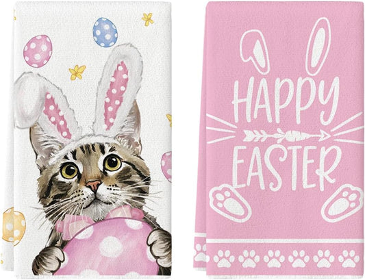 Pink Rabbit Ears Cat Eggs Happy Easter Kitchen Towels Dish Towels, 18x26 Inch Spring Summer Holiday V1258-DP02-B-1673