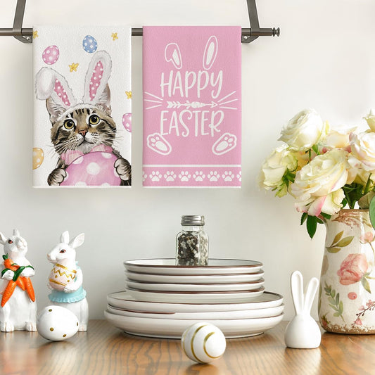 Pink Rabbit Ears Cat Eggs Happy Easter Kitchen Towels Dish Towels, 18x26 Inch Spring Summer Holiday V1258-DP02-B-1673