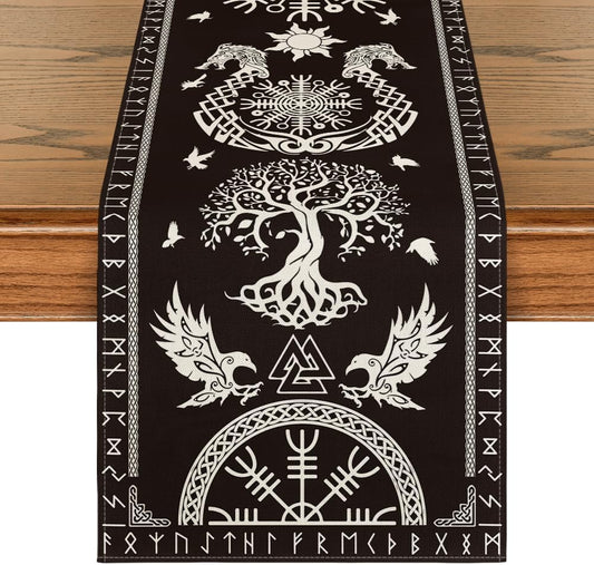 Black Viking Tree of Life Raven Helmet of Awe Table Runner, Seasonal Kitchen Dining Table Decoration for Home V1258-DP02-B-1674