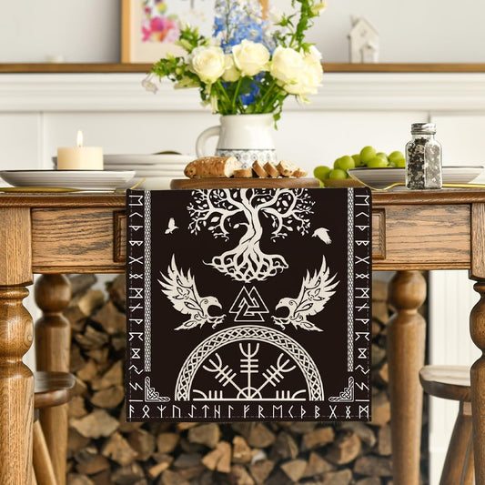 Black Viking Tree of Life Raven Helmet of Awe Table Runner, Seasonal Kitchen Dining Table Decoration for Home V1258-DP02-B-1674
