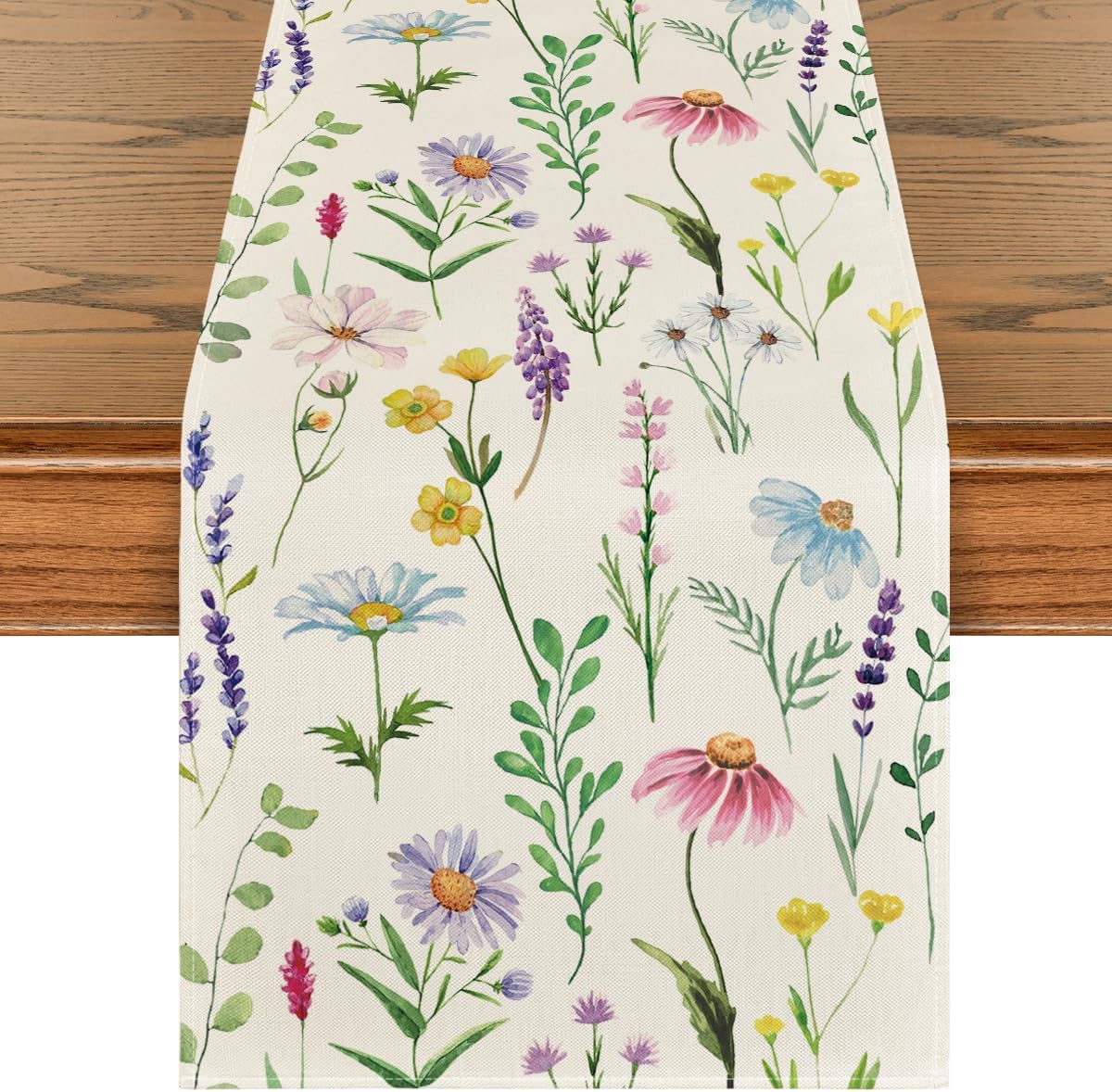 Wildflowers Floral Eucalyptus Spring Table Runner, Seasonal Summer Kitchen Dining Table Decoration for Home V1258-DP02-B-1677