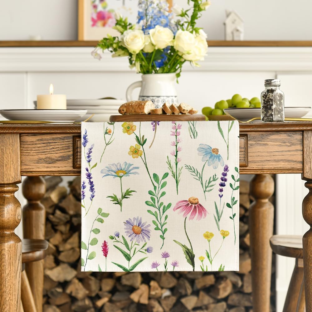 Wildflowers Floral Eucalyptus Spring Table Runner, Seasonal Summer Kitchen Dining Table Decoration for Home V1258-DP02-B-1677