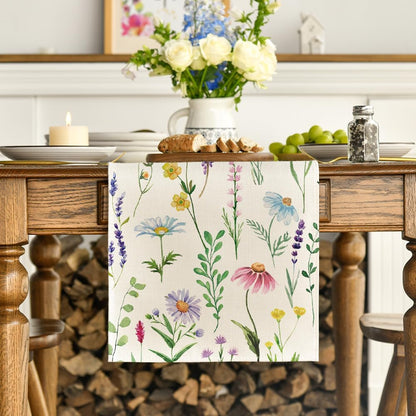 Wildflowers Floral Eucalyptus Spring Table Runner, Seasonal Summer Kitchen Dining Table Decoration for Home V1258-DP02-B-1677