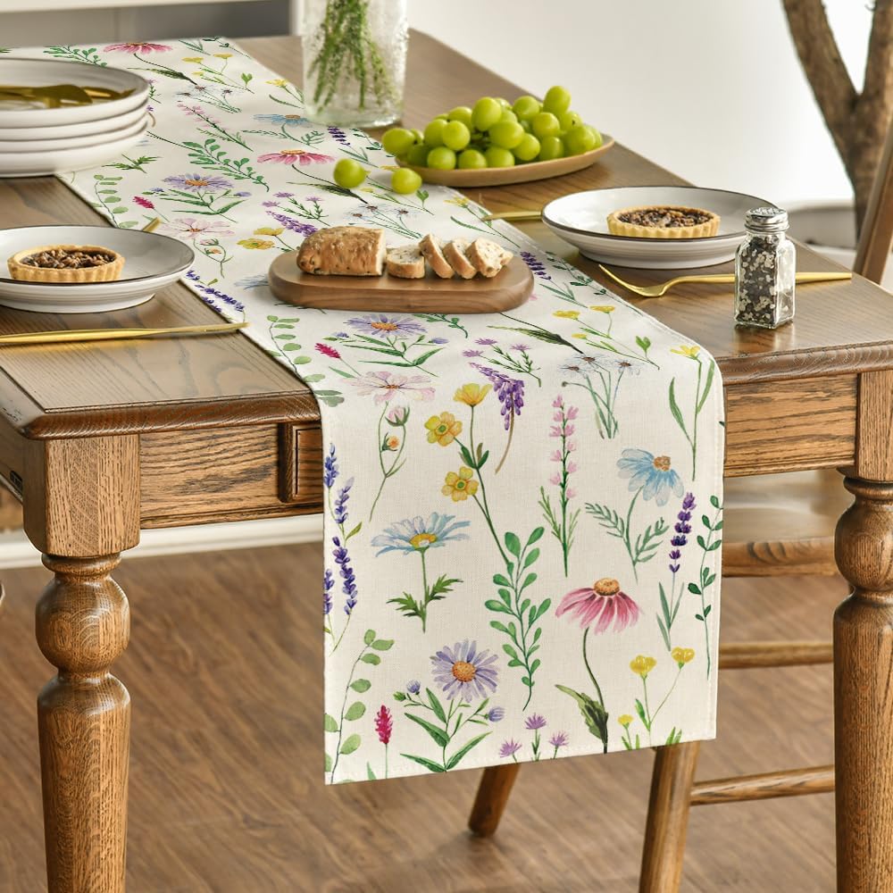 Wildflowers Floral Eucalyptus Spring Table Runner, Seasonal Summer Kitchen Dining Table Decoration for Home V1258-DP02-B-1677
